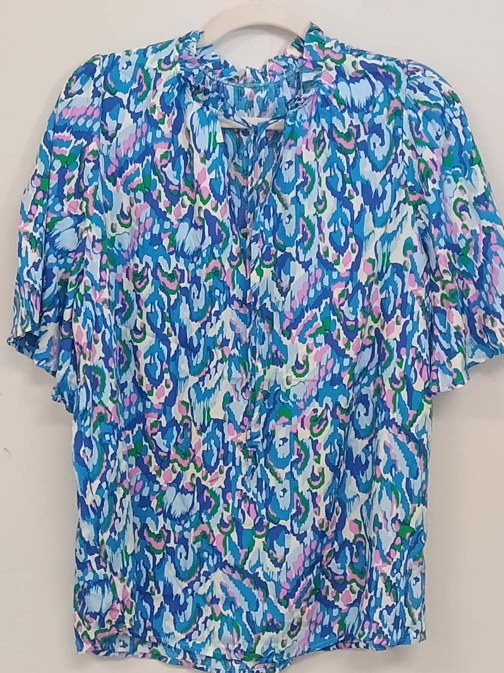 Cupshe Vibrant Abstract  Watercolor Bell Sleeve Ruffle Neck Rayon Blouse L